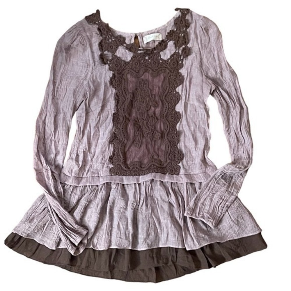 Altard State Womens Small Blouse‎ Brown Crochet Peplum Lagenlook Keyhole